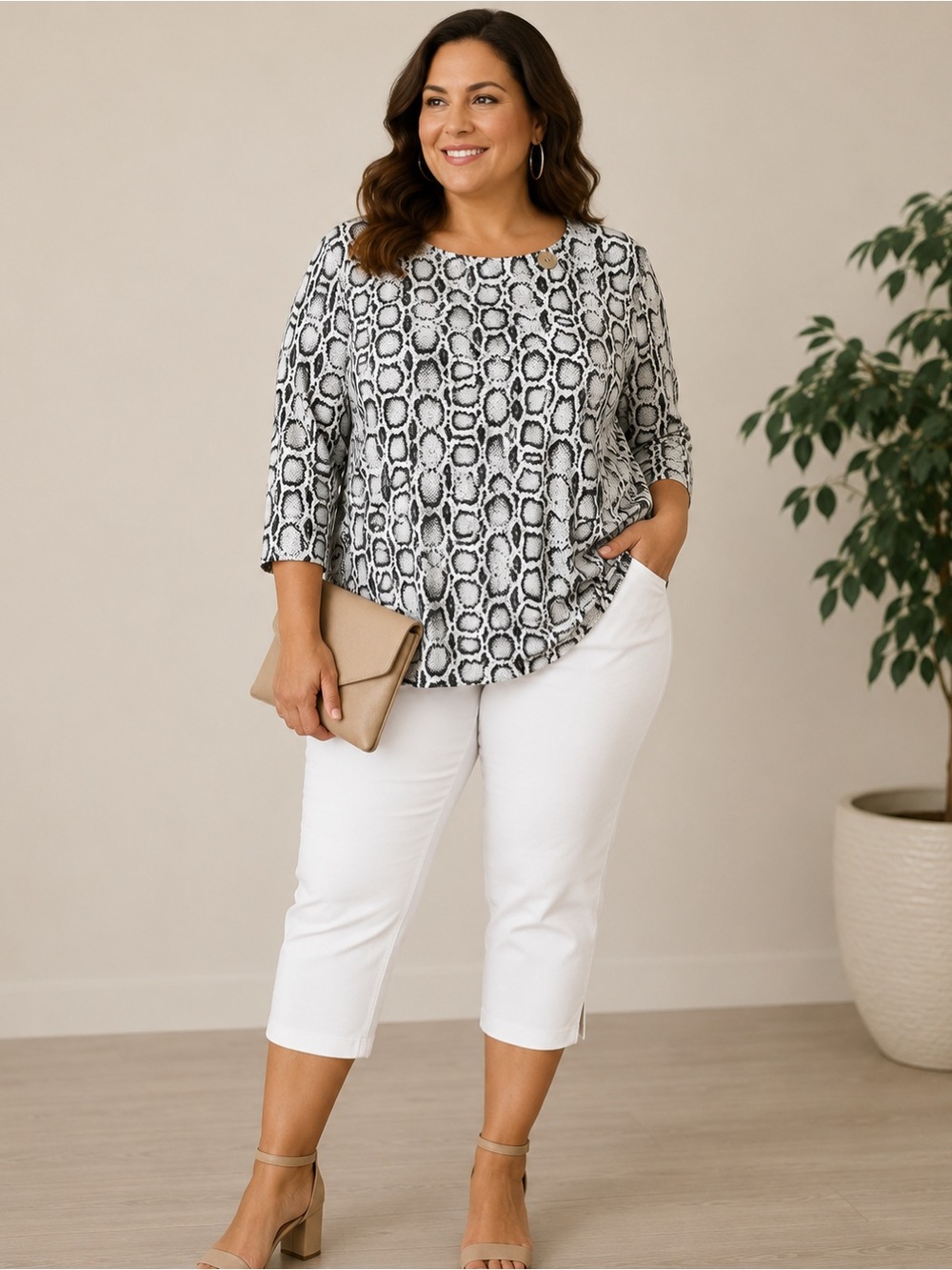 Hot Cotton Black & White Snake Print Tunic Top